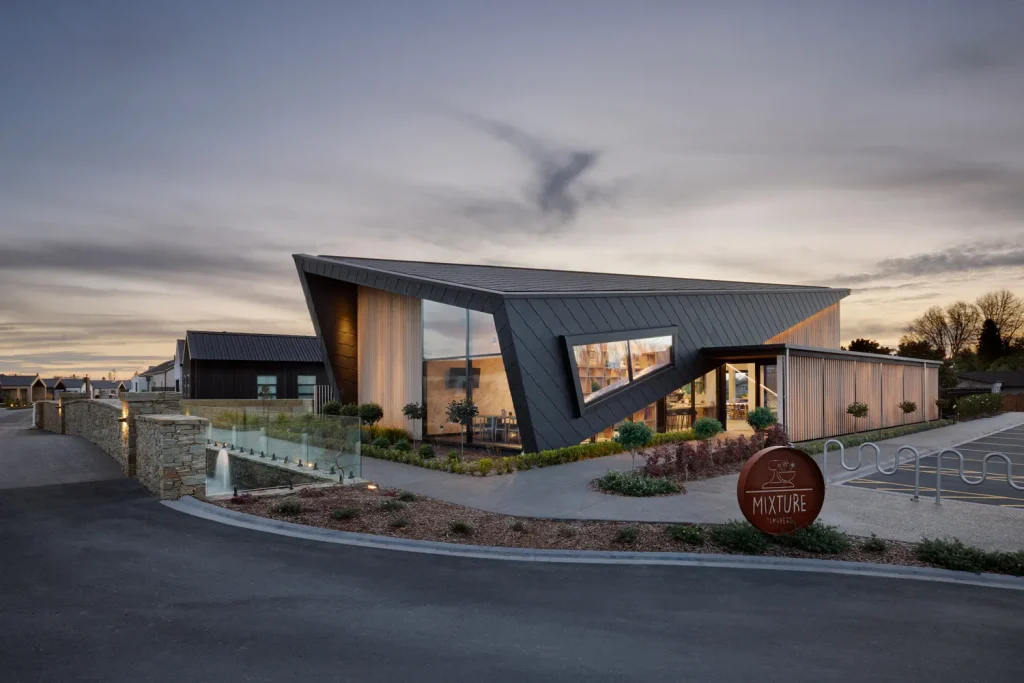 Mixture Cafe facade at dusk at Tamahere Country Club