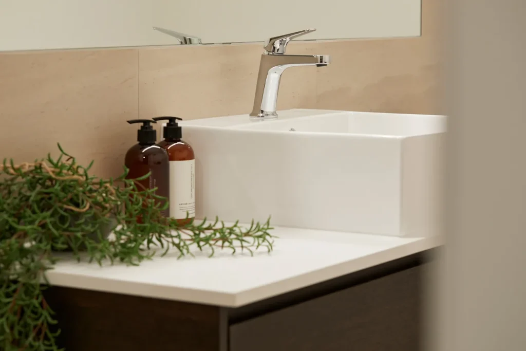 Close up of bathroom vanity and sink in retirement villa in Tamahere Country Club