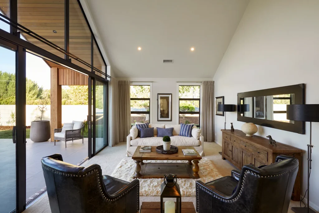 Country interior design and furnishings in lounge area of villa at Tamahere Country Club